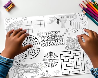 Dart Gun Blaster Birthday Party Placemat Coloring Activity Sheet | Page size 11 x 8.5 | Custom Template | Corjl Digital Download