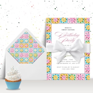 May include: A crochet-themed birthday party invitation with a white ribbon and the text "Rosie's Sweet Sixteen Birthday Party" in pink script. The invitation includes the date, time, and location of the party, as well as RSVP information.