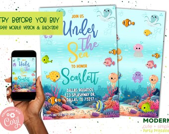 sous l'invitation d'anniversaire d'océan de mer | Invitation à une fête numérique | Modèle d'invitation pour une fête | Téléchargement numérique imprimable instantané Corjl