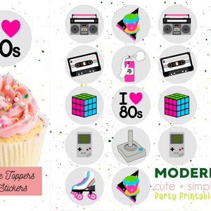 I Heart the 80s Party Printable Sticker Cupcake Toppers  - 2&quot; Round Template - Instant Digital Download