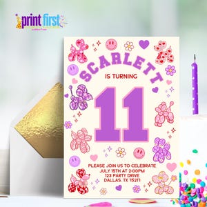 Invitación de cumpleaños con tema de perro globo / Fiesta retro adorable / Plantilla editable 5x7 / Descarga digital Corjl
