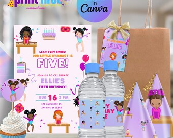 May include: A printable party invitation for a girl's fifth birthday party with a gymnastics theme. The invitation features a purple and pink background with a gymnast girl in a blue leotard and a pink bow. The text on the invitation reads "Leap! Flip! Swirl! Our Little Gymnast is Five!" and includes the date and time of the party. The invitation is also accompanied by a set of party favors, including a brown paper bag with a tag that says "To Celebrate Ellie", two clear plastic water bottles with labels that say "Happy Birthday", and two purple party hats with a gymnast girl design.
