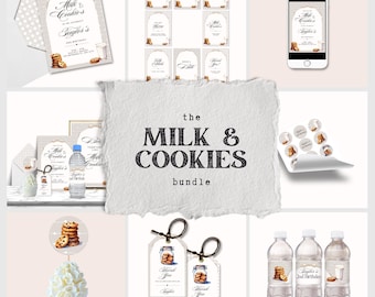 Könnte beinhalten: Ein druckbares Party-Paket mit Milch-und-Kekse-Motiv. Das Paket beinhaltet Einladungen, Wasserflaschenetiketten, Geschenkanhänger, Cupcake-Topper und Aufkleber. Das Design zeigt eine Aquarell-Illustration eines Glasbehälters gefüllt mit Keksen.