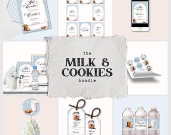 May include: A printable party bundle with a milk and cookies theme. The bundle includes invitations, favor tags, water bottle labels, and stickers. The design features a blue and white color scheme with illustrations of milk and cookies.