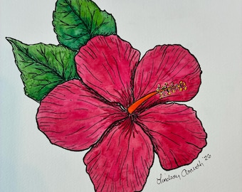 Original Hibiskus Aquarellmalerei, mutige bunte Blumenkunst