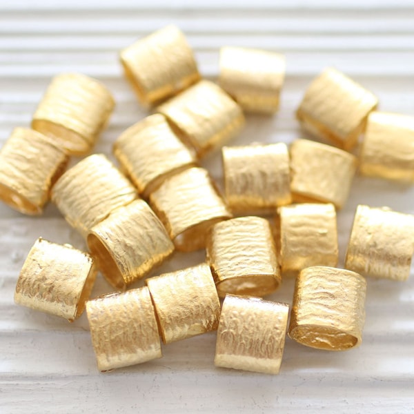 10pc gold barrel beads, bracelet beads, spacer slider beads, textured beads, hammered tube beads, large hole beads,rondelle necklace beads,L