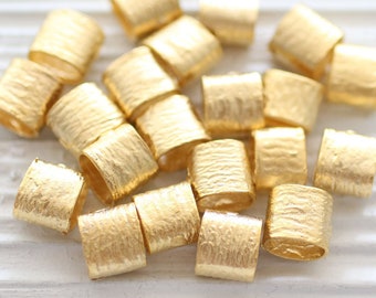 10pc gold barrel beads, bracelet beads, spacer slider beads, textured beads, hammered tube beads, large hole beads,rondelle necklace beads,L