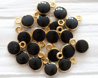 10pc black charm, enamel charms, mini round gold charms, Christmas charms, earrings charm, bracelet dangle, mini black pendant, black