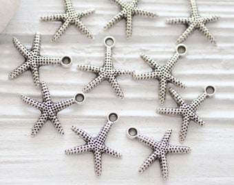 10pc silver starfish charm, starfish, sea charms, star charm silver, hammered beads, earring charms dangle, star, metal silver sea beads