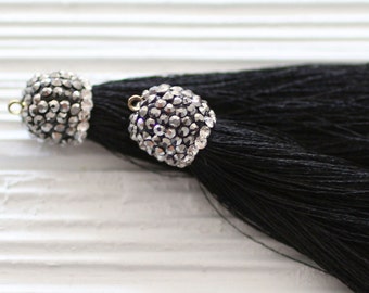 Black tassel with rhinestone cap, long black tassel, tassel pendant, rhinestones, black silk tassel, jewelry tassels, silk mala tassel