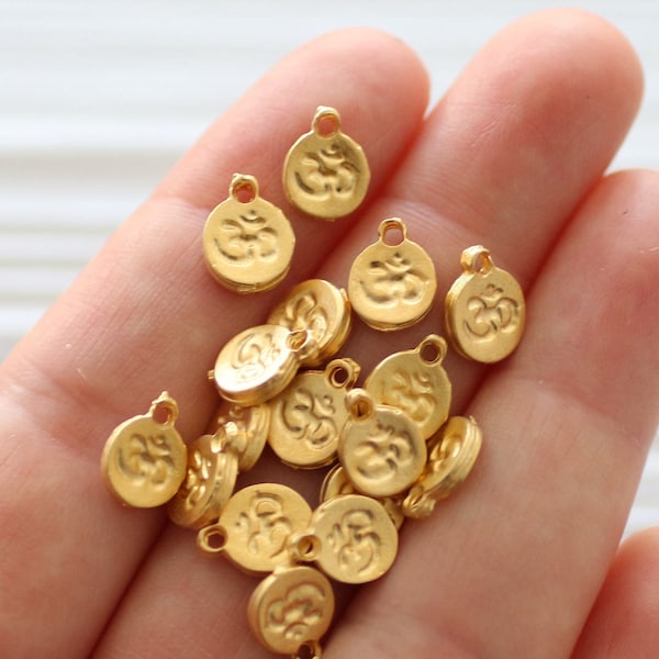 10pc gold om charm, om symbol, mini om charms, round metal beads, disc beads, yoga charm beads, gold zen charms, bracelet earring dangles