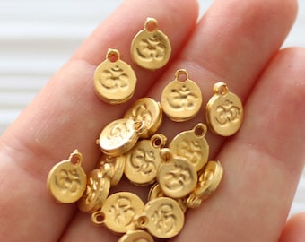 10pc gold om charm, om symbol, mini om charms, round metal beads, disc beads, yoga charm beads, gold zen charms, bracelet earring dangles