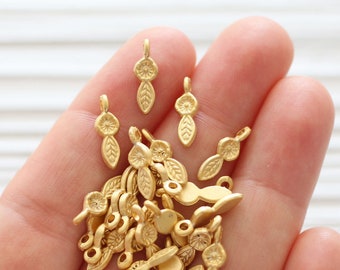 10pc gold flower charm, leaf dangles, leaf charms, earrings charm gold, bracelet charms, necklace charms, tribal charms, gold floral charms