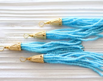 Turquoise blue beaded tassel, blue seed bead tassel, gold cap tassel, short bead tassel,jewelry tassels,bead tassel,earrings necklace tassel