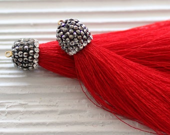 Red tassel with rhinestone cap, red silk tassel, tassel pendant, rhinestones, jewelry tassels, silk tassel, mala tassel, lipstick red tassel