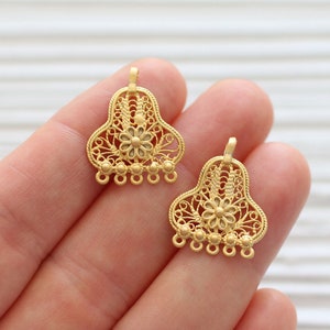 5pc chandelier earrings dangle, filigree chandelier, gold filigree charms, multi strand connector, chandelier charms, earrings gold charms