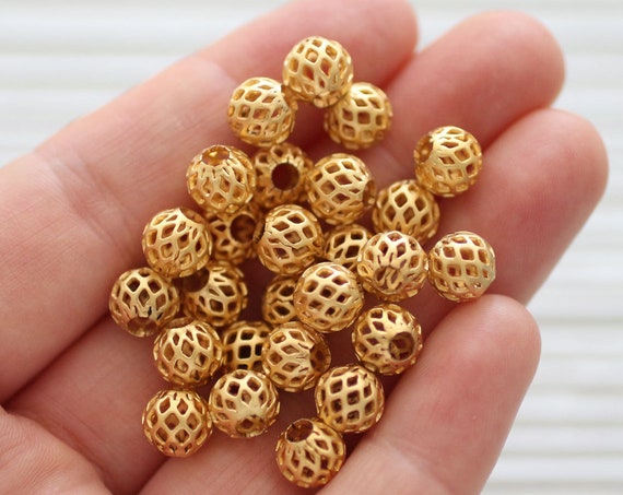 10pc filigree round gold beads, gold metal beads, textured beads, bracelet beads, matte gold beads, round gold beads, cage bead, ball beads