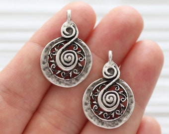 2pc spiral charm pendant, earrings dangle, tribal, earring charms, silver round charms, large pendant charms, dangle pendant, large hole