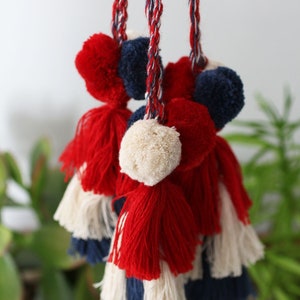 May include: Three red, white, and blue pom-pom tassels with long cords. The tassels are made of yarn and have a fluffy texture.