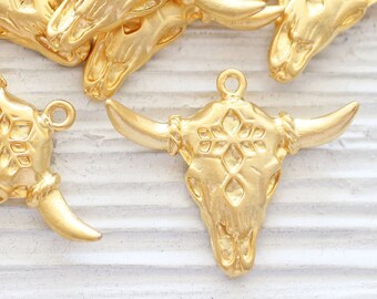 Gold bull pendant, longhorn, ornate bull skull pendant, tribal bull pendant, animal pendant, bull necklace focal pendant, earrings charm
