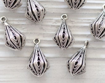 2pc drop charms silver, filigree charms silver, teardrop charms, chandelier earrings findings, dangles, filigree findings, necklace charms