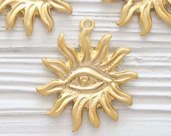Ancient sun pendant with evil eye, sun pendant, celestial sun, sunburst charm, evil eye, celestial sun dangle pendant, earrings charm gold