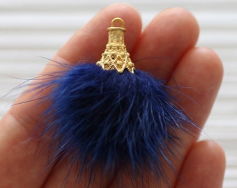 Navy blue faux fur pom pom tassel, keychain tassel, navy pompom earrings tassel, jewelry pom pom with gold cap, purse tassel charm, N17