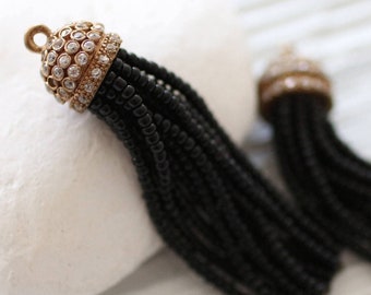 Black beaded tassel with rhinestone antique tassel cap, black seed bead tassel, black earrings tassel, necklace tassel pendant, tassel