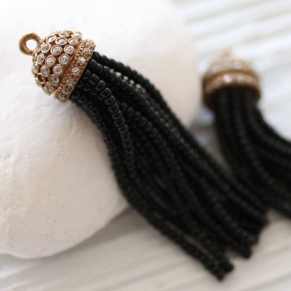 Black beaded tassel with rhinestone antique tassel cap, black seed bead tassel, black earrings tassel, necklace tassel pendant, tassel