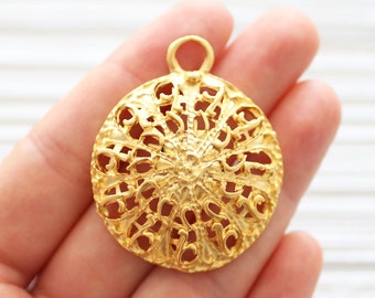 Large gold medallion, gold filigree pendant, rustic gold pendant, filigree round medallion, gold unique filigree tribal pendant, matte gold