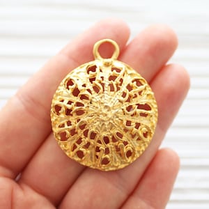 Large gold medallion, gold filigree pendant, rustic gold pendant, filigree round medallion, gold unique filigree tribal pendant, matte gold