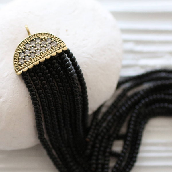 Black bead tassel, rhinestone antique tassel cap, black seed beaded tassel, earrings tassel, necklace tassel pendant, glitter, black tassel