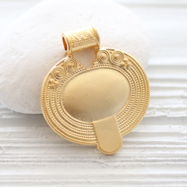 Gold tribal pendant, hammered pendant, large hole pendant, rustic gold medallion, spiral pendant, gold unique pendant, matte gold