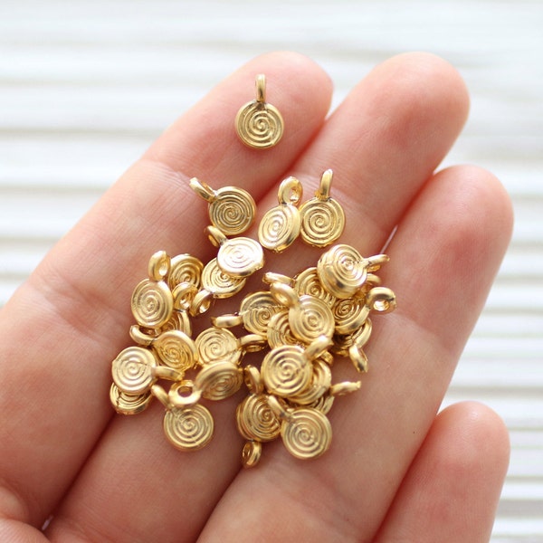 10pc matte gold disc beads, spiral beads, earring, necklace, bracelet charms, metal beads, tribal beads, round beads, EastVillageSupply