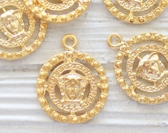Round Greek pendant, dangle earrings charm gold, replica Greek pendant, ancient face pendant, old findings, gold pendant, spiral pendant