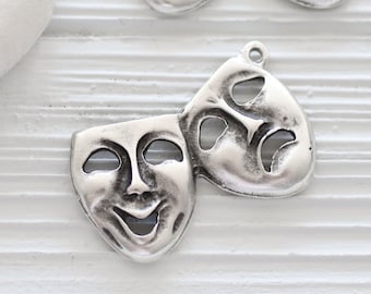 Theater mask pendant, face pendant, silver pendant, theatrical mask pendant, mask dangle, medallion pendant, abstract pendant, silver mask