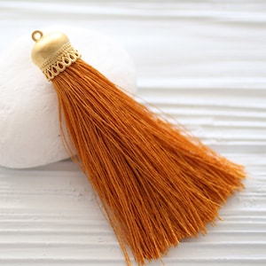 Copper silk tassel with gold tassel cap, dark mustard silk tassel, keychain tassel, silk necklace tassel, tassel pendant, mala tassel, N56