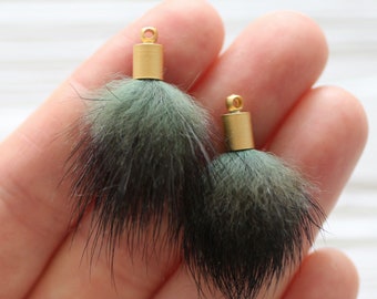 2pc green melange faux fur pom poms tassels for earrings, green pom pom tassel, pom pom keychain tassel, purse charm, necklace charm, N53