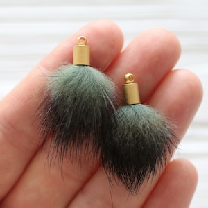 2pc green melange faux fur pom poms tassels for earrings, green pom pom tassel, pom pom keychain tassel, purse charm, necklace charm, N53