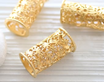 rondelle beads 2pc gold cylinder beads unique filigree findings barrel beads gold focal beads filigree tube beads gold tube pendant