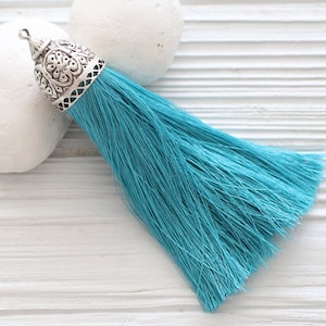 Extra large turquoise silk tassel with rustic silver tassel cap, silk tassels, blue tassel, decorative, large mala tassel, tribal tassel,N28