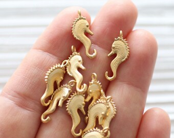 10pc gold seahorse charm, sea charms, gold charms, bracelet charms, sea horse charm, earring charms, dangles, gold metal beads, mini pendant