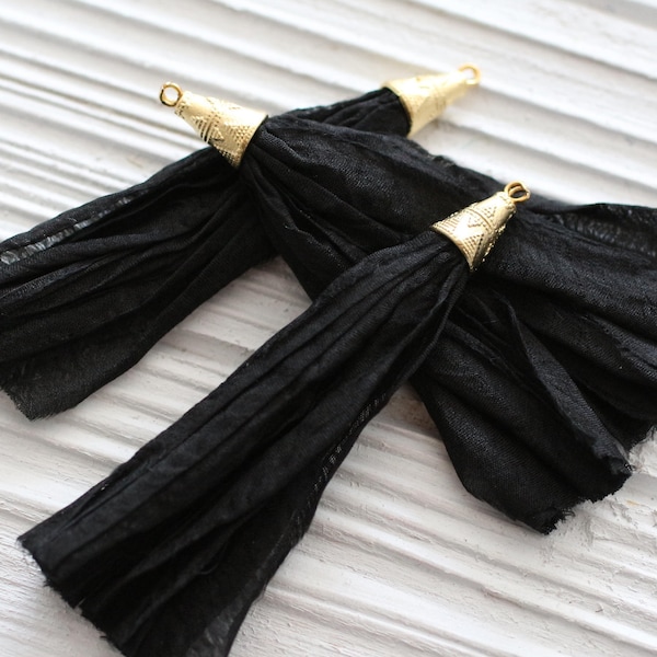 Large black sari silk tassel, silk tassel, black sari silk, gold cap sari silk tassel, black silk tassel, jewelry tassel, necklace tassel,N8