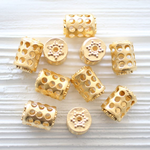 2pc gold cylinder beads, focal beads, filigree tube beads, barrel beads gold, unique filigree findings, gold tube pendant, rondelle beads