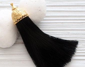 Extra large black silk tassel with rustic gold tassel cap, thick silk tassel, gold cap tassel, black, DIY, tassel pendant, mala tassel, N8