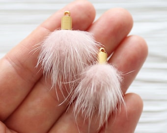 2pc pink faux fur pom poms tassels for earrings, baby pink pom pom tassel, pom pom keychain tassel, purse jewelry necklace tassel charm, N35