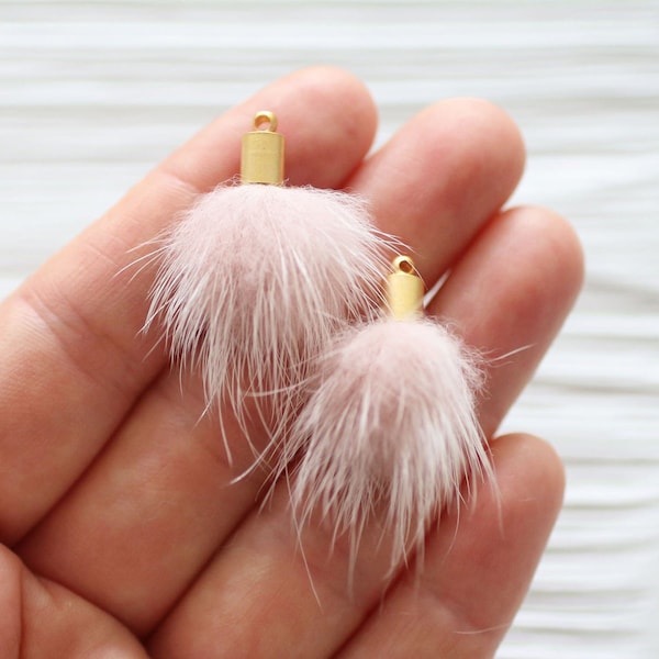 2pc pink faux fur pom poms tassels for earrings, baby pink pom pom tassel, pom pom keychain tassel, purse jewelry necklace tassel charm, N35