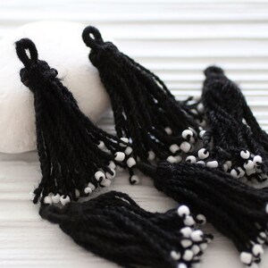 Black tassel with white glass beads, earrings tassel, tassel pendant, black and white tassel, black tassel, necklace tassel, cotton mix, N8 image 1