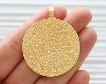 Round pendant gold, tribal pendant gold, boho pendant, metal pendants, large medallion, spiral coin pendant, gold ancient dangle pendant,R1