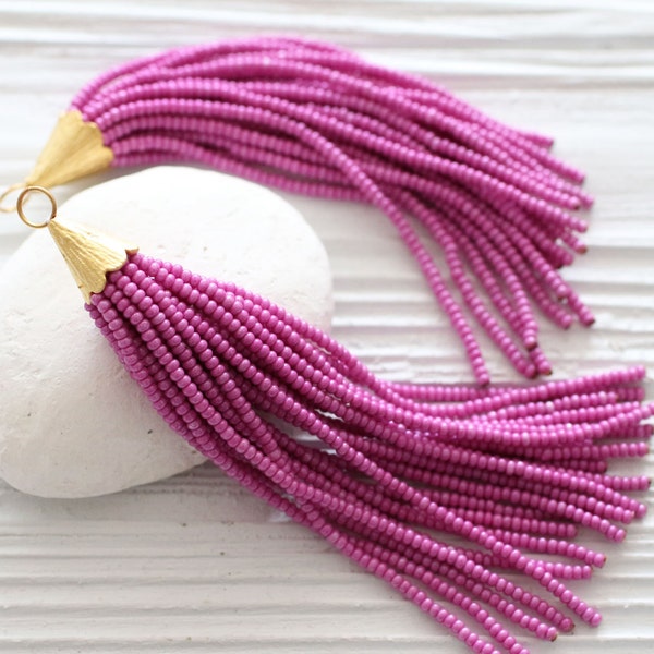 Magenta beaded tassel, fuchsia, plum, long bead tassel, necklace tassel pendant, glittery, gold cap tassel, tassel, decorative, N25